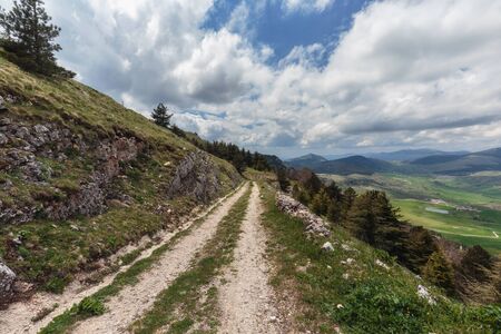 Green Hill Landscape in Central Sicily near Cammarata Mountain in Spring. Hiking in the Sicilian Highlandsの写真素材