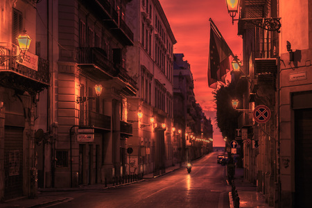 Palermo Sunrise. Red Sunrise in the Town of Palermo on Sicily, Italyのeditorial素材