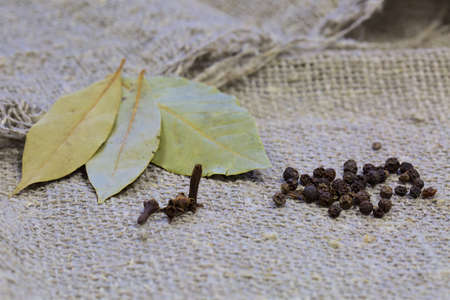 Bay leaf, dry cloves and black pepper on a linen background.の写真素材