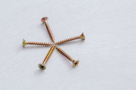 Self-tapping screws on a light background.の写真素材