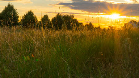 Beautiful sunset over a field and a small town in Germany.の写真素材
