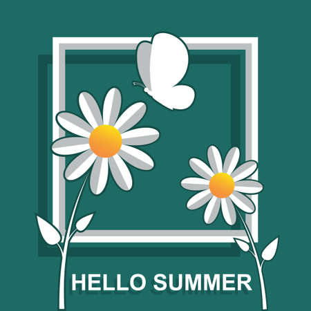 White chamomiles on the greeting card: Hello summer with 3d effectのイラスト素材