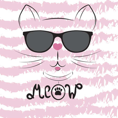 Cute cat silhouette. Black head of the Cat with the lettering word 'Meow'.のイラスト素材