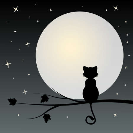 Silhouette of black cat on the tree looks with full moonのイラスト素材