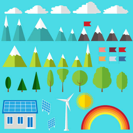 Set of icons for building a landscape. Different objects of mountain and trees, house and others.のイラスト素材