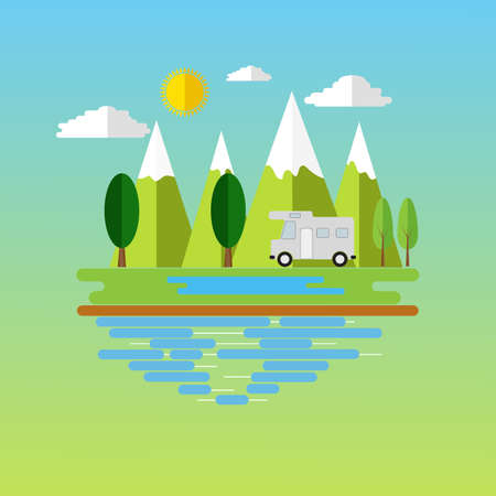Campsite place in mountain. Forest camping landscape with traveler caravan in flat design.のイラスト素材