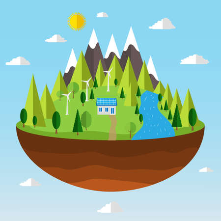 Illustration of ecology concept of green energy. Renewable sources of energy.のイラスト素材