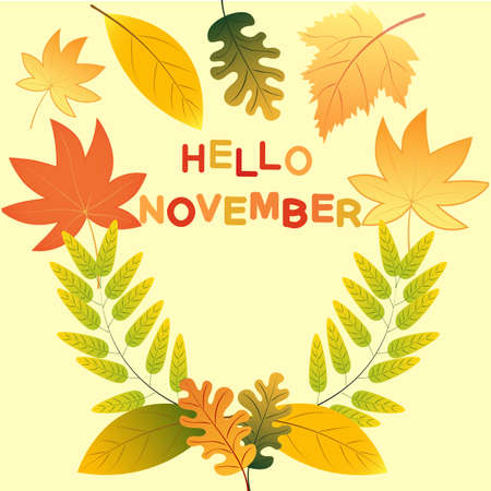 Hello novemder! Colored autumn leaves. Sketch, design elements. Vector illustration.のイラスト素材