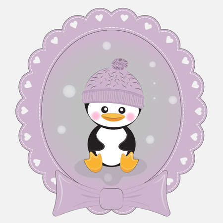 Greeting card cute cartoon penguin on a lilac background. Vector illustrationのイラスト素材