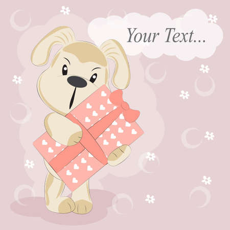 Cute cartoon happy birthday dog with gift.Greeting card.のイラスト素材