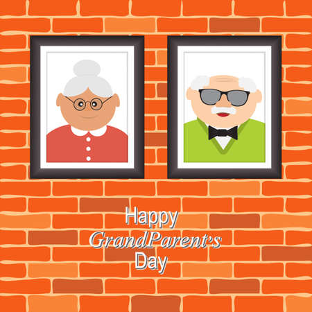 Greetings card  on grandparents day with the phrase and portraits of grandfather and grandmother. Background wall of red brickのイラスト素材