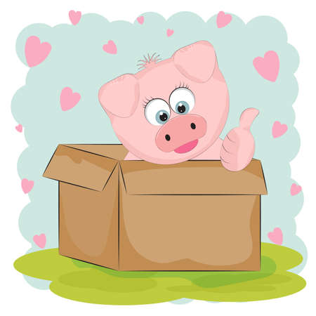 Cute  Baby pig is sitting on a box. Greeting card.のイラスト素材