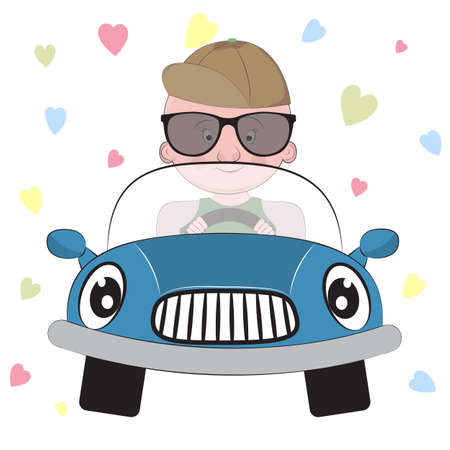 Greeting card cute  boy  driving a car on a hearts background.  Illustration done in cartoon style.のイラスト素材
