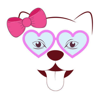 Puppy in pink glasses and with a butterfly. Fashion portrait of dog. Greeting card.のイラスト素材