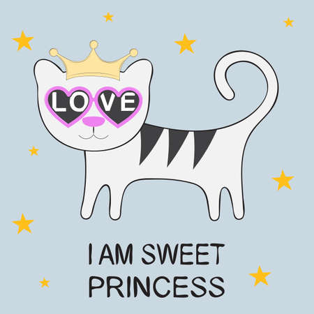 Cute Kitten with Crown and Inscription I Am Sweet Princess. T-shirt design for kids vector illustration.のイラスト素材