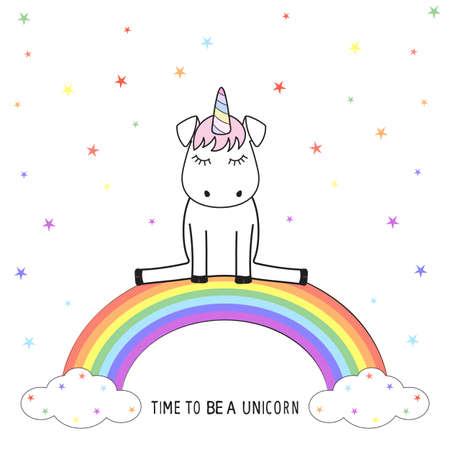 Cute unicorn sits on colorful rainbowのイラスト素材