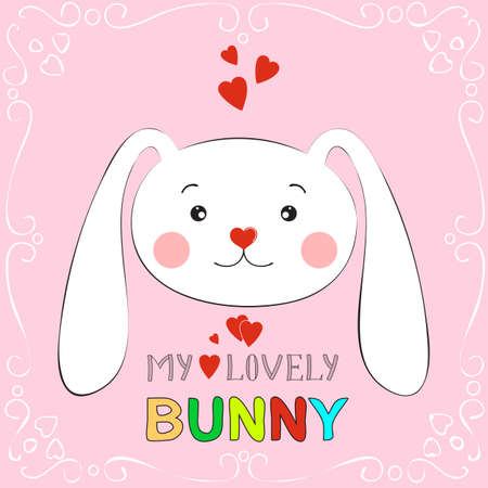 My lovely bunny girl hand drawn Valentines Day greeting card with charming rabbit on white illustration.のイラスト素材