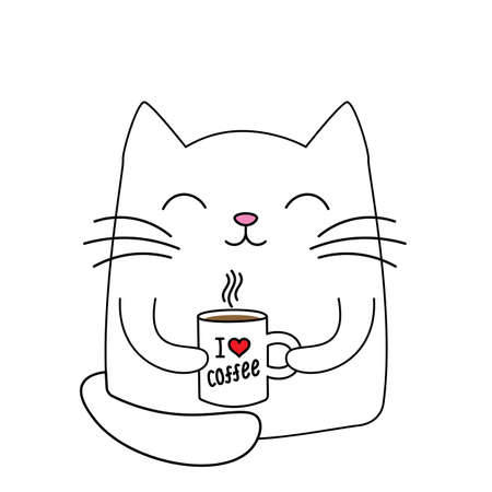 Silhouette Cute little cat with cup of coffee. Greeting card, Vector illustration.のイラスト素材
