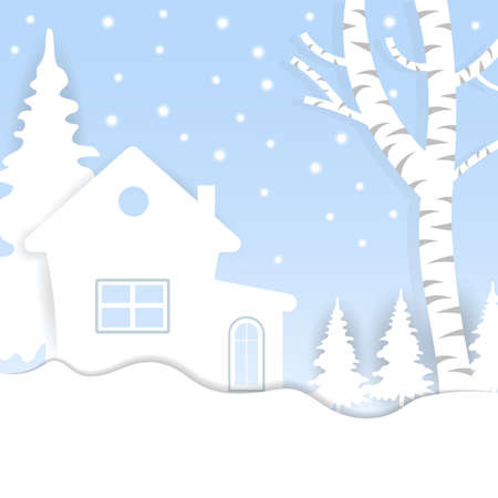 Views of the house in winter.  City Village with snow.  Paper art  and crafts style. Greeting card. Vector illustration.のイラスト素材