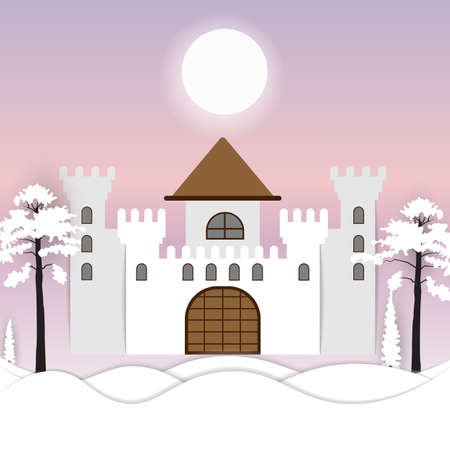 Holiday winter landscape background with winter chateau and snow is shining.  Paper art  and crafts style. Greeting card. Vector illustration.
のイラスト素材
