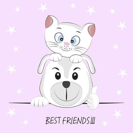 Cute best friends cat and dog. Graphics for t-shirts. Greeting card. Vector illustration.のイラスト素材