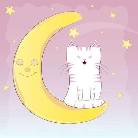 Cute white cat sitting on the moon. Graphics for t-shirts. Greeting card. Vector illustration.のイラスト素材