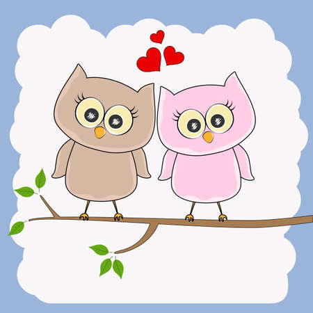 Two loving owls, happy birds are sitting on a tree. Picture for t-shirt graphics for kids and other uses. Greeting card.のイラスト素材