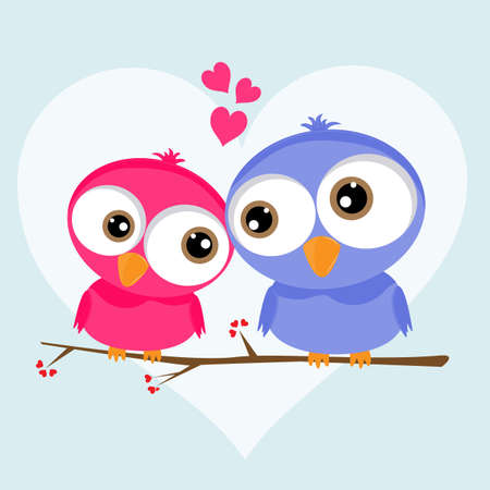 Two loving owls, happy birds are sitting on a tree. Picture for t-shirt graphics for kids and other uses. Greeting card.のイラスト素材