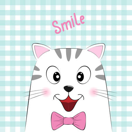 Cute white cat with the inscription Smile.   Greeting card.  Illustration for print on t-shirt.  
のイラスト素材