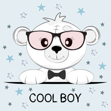 Cute little bear with glasses. Greeting card.  Illustration for print on t-shirt.  のイラスト素材