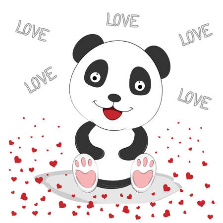 Cute Panda with Red Hearts. Greeting card for Valentine's Day. Vector illustration flat design.のイラスト素材