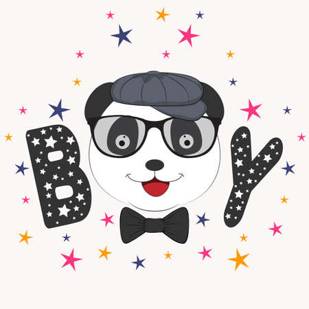 Portrait Cute boy panda in cap. Picture for t-shirt graphics for kids and other uses. Greeting card.のイラスト素材