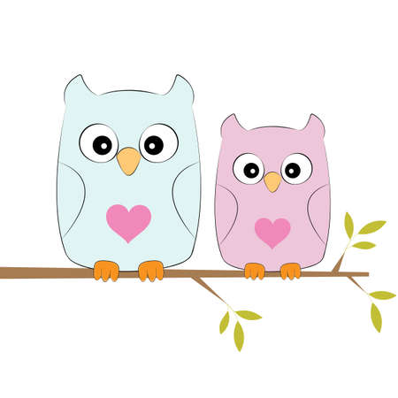 Two loving owls, happy birds are sitting on a tree. Picture for t-shirt graphics for kids and other uses. Greeting card.のイラスト素材