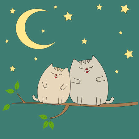 A beautiful two cute cats sit on a branch. Picture for t-shirt graphics for kids and other uses. Greeting card.のイラスト素材