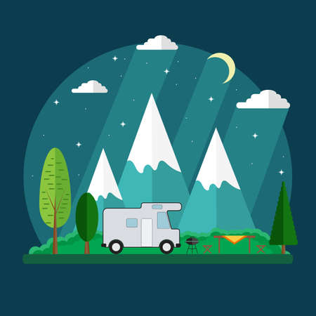 Campsite place in mountain at night. Forest camping landscape with traveler caravan in flat design.のイラスト素材