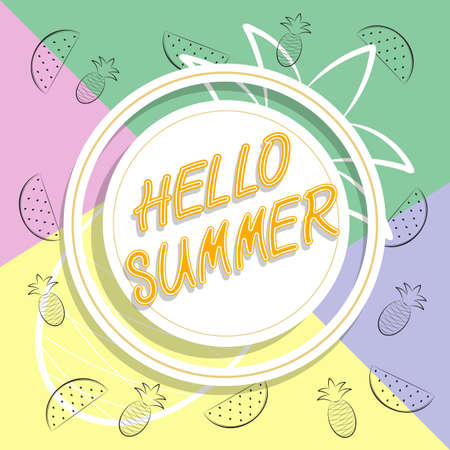 Hello summer travel. The trend calligraphy . Vector illustration of coconuts and watermelons on a color background. Summertime concept.のイラスト素材