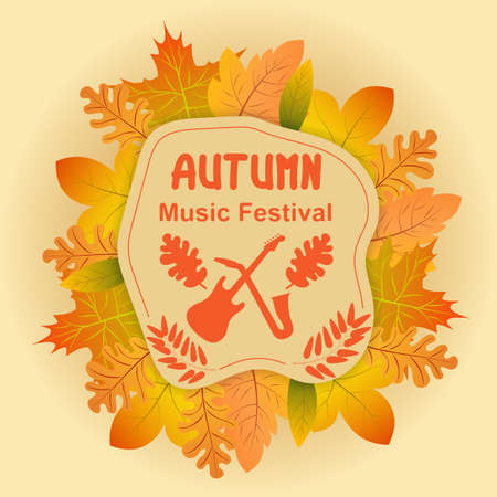 Autumn music festival poster with a guitar and saxophone and an orange leaf circular frameのイラスト素材