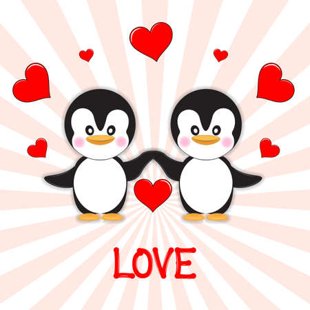 Lovely couple cute penguins on a pink background.のイラスト素材