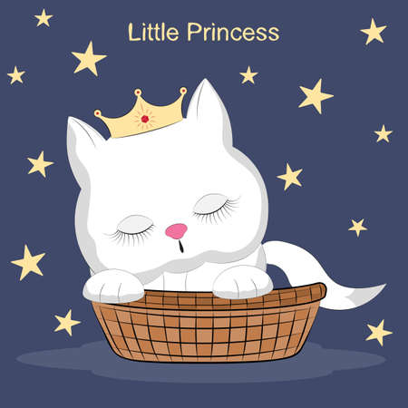 Cute little white kitten sleeping in the basket design for t-shirt graphics for kids and other uses.のイラスト素材
