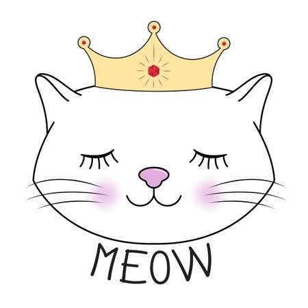 Cute kitty princess silhouette. Head of Cat with lettering word Meow.T-shirt design for kids. Greeting card. Vector illustration.のイラスト素材