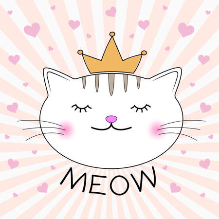 Cute kitty silhouette. Head of Cat with lettering word Meow.T-shirt design for kids. Greeting card. Vector illustration.のイラスト素材