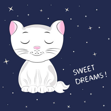 Cute cartoon kitty with lettering Sweet Dreams. Graphics for t-shirts. Greeting card. Vector illustration.のイラスト素材