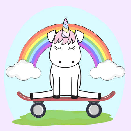 Cute magical unicorn in love on the skateboard. Graphics for t-shirts. Greeting card. Vector 
illustration.のイラスト素材