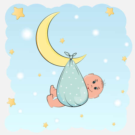Cute Boy Sleeping on a Moon. Baby Shower or Greeting Card. T-shirt design for kids. Vector illustration.のイラスト素材