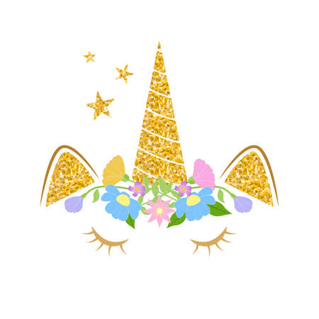 Cute fantasy cat princess unicorn in gold color. Sweet kids graphics for t-shirts. Greeting card.のイラスト素材