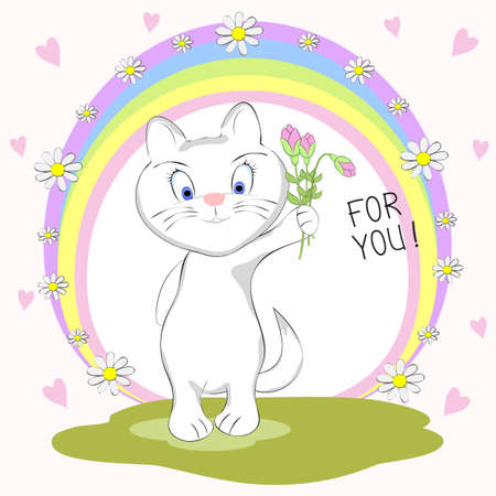 Cute  cat with bouquet of flowers and inscription For You. Hand drawn Valentines Day Greeting card with charming kitty  on colored background. Vector illustration.
のイラスト素材