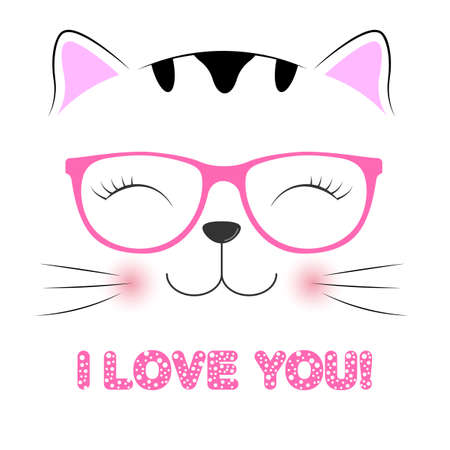 Cute cat in pink glasses and saying I love You.のイラスト素材