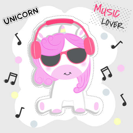 Greeting card cute girl unicorn wearing headphones and listening to music. Sweet kids graphics for t-のイラスト素材