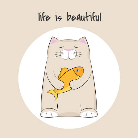 Sticker Cute And Fat Cat Standing Holding A Fish のイラスト素材 イメージマート