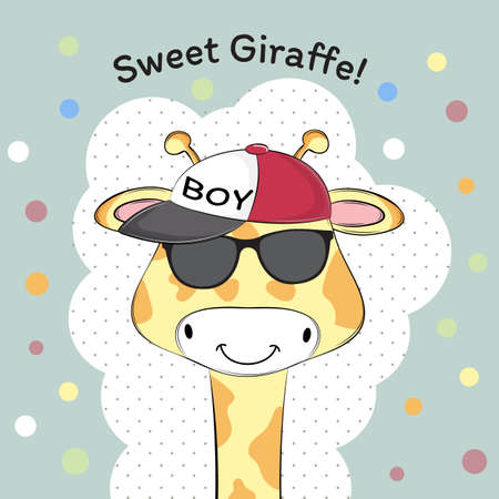 Greeting card Cute baby boy giraffe in cap. Sweet kids graphics for t-shirts.のイラスト素材